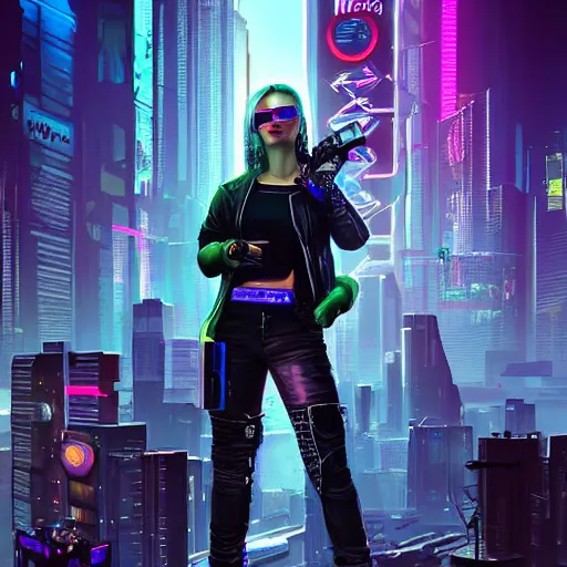 Image similar to epic portrait of cyberpunk Carpenter Charisma wearing mirrorshades, Night City, cyberpunk 2077, neon megacity in the background, angry and bored, illustration, soft lighting, soft details, painting oil on canvas by mark arian by artgerm, trending on artstation, 4k, 8k, HD