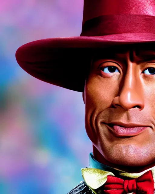 Image similar to Film still close-up shot of Dwayne Johnson as Willy Wonka from the movie Willy Wonka & The Chocolate Factory. Photographic, photography