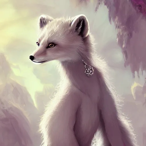 Prompt: Regal character design of a feminine anthropomorphic arctic fox wearing a white dress and necklace, character art, whimsical, concept art, pretty princess, wlop, artstation, highly detailed digital art