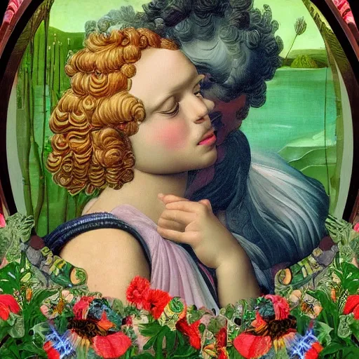 Prompt: maximalist mixed media collage half-lenght portrait of a futuristic father with a beautiful child, wearing an elaborate jacket overgrown by plants. halo. in the style of Raffaello, Botticelli. vibrant pastel tones matte background HD 8x