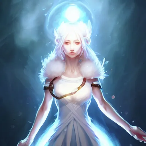 Image similar to a woman in a white dress holding a glowing ball | with nine white fox tails | a detailed painting by ross tran | wlop!!!!!!!!!!!!!!! and stanley artgerm lau | featured on deviantart | fantasy art | anime | 2 d game art | official art