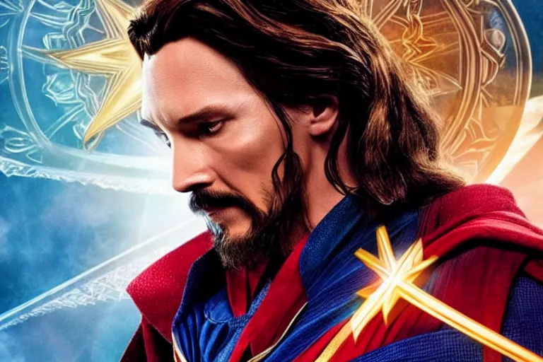 Prompt: film still of Jesus Christ as Doctor Strange in new Avengers film, 4k