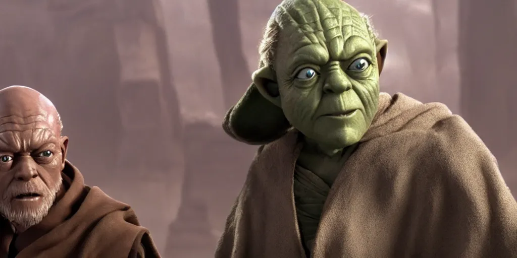 Image similar to obi - wan kenobi disney plus show season 2, jedi master yoda puppet from 1 9 8 0 s empire strikes back, hanging out with old mace windu on dagobah played samuel l jackson ultra realistic faces, 4 k, movie still, uhd, sharp, detailed, cinematic, render, modern