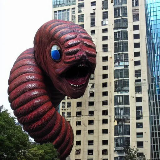 Prompt: giant worm monster bursting out of a road and crashing into a skyscraper which is crumbling