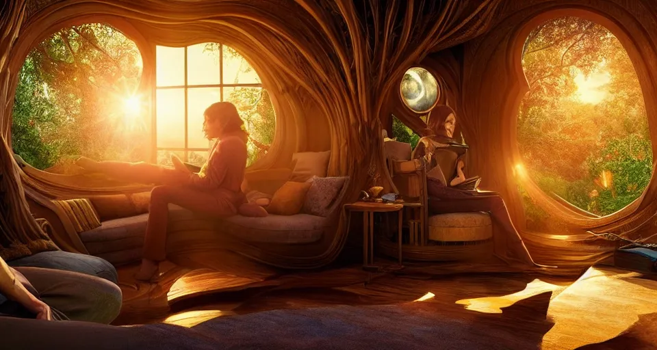 Prompt: An incredibly beautiful shot from a 2022 Marvel film featuring a character sitting on a couch in a cozy art nouveau reading nook inside a fantasy treehouse. Golden Hour. 8K UHD.