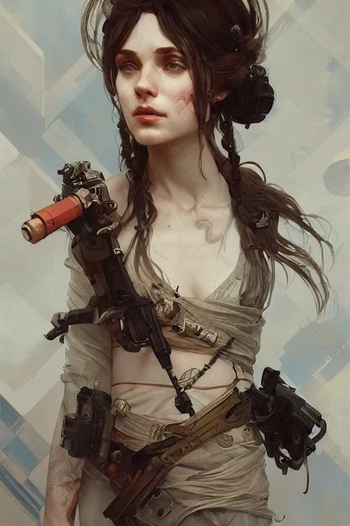 Prompt: A full portrait of a beautiful post apocalyptic sailor, intricate, elegant, highly detailed, digital painting, artstation, concept art, smooth, sharp focus, illustration, art by Krenz Cushart and Artem Demura and alphonse mucha