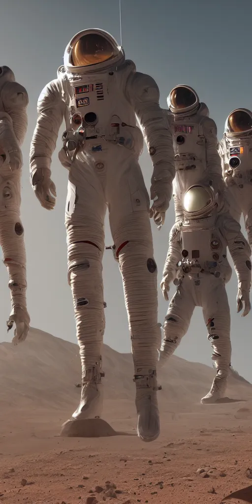 Prompt: concept art, american astronauts in the distance + new lightweight spacesuit landing on mars, musk's mars migration program, cyberpunk, backlight, epic, high detail, 8 k, octane rendering, unreal engine.