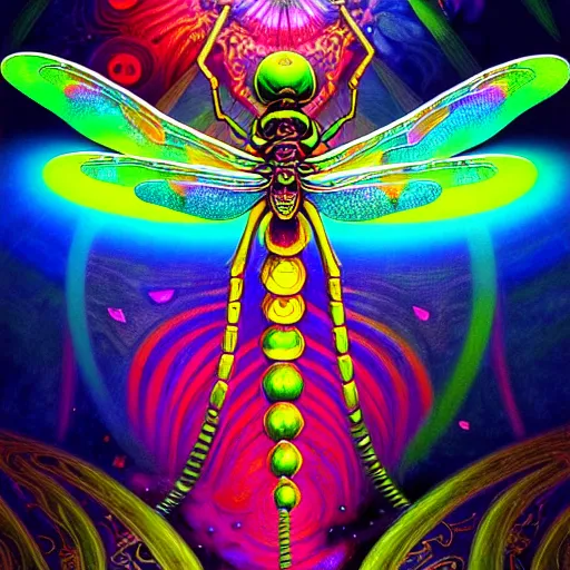 Image similar to An extremely psychedelic abstract illustration of celestial dragonfly, colorful, surreal, dramatic lighting, magic mushrooms, psilocybin, LSD, detailed, intricate, elegant, highly detailed, digital painting, artstation, concept art, smooth, sharp focus, illustration, art by Krenz Cushart and Artem Demura and alphonse mucha