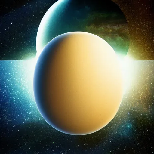 Image similar to the planet earth floats in space. a galactic sized egg floats in space. earth is inside the egg. the egg cracks open and the gooey earth slowly drips out. digital art, dramatic lighting, comedy, science fiction, concept art, epic fantasy, surreal. 2 0 0 1 space odyssey. cosmos