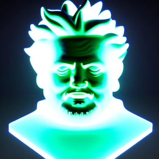 Image similar to sci - fi cgartist wide shot anaglyph ambient occlusion rendering of a hyper realistic marble greek statuary regal god head resembling guy fieri glowing with embedded vaporwave leds product photo high key colored lighting, trending on artstation volumetric lighting