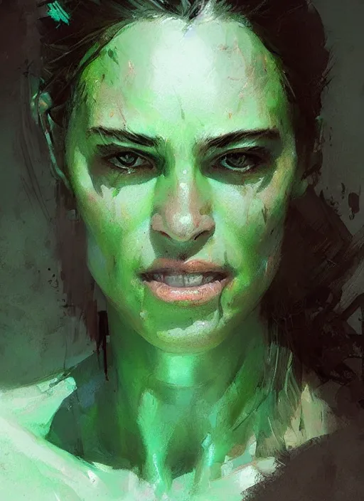 Prompt: green orc female, light green tone beautiful face, by jeremy mann, by greg rutkowski, by wlop, digital painting