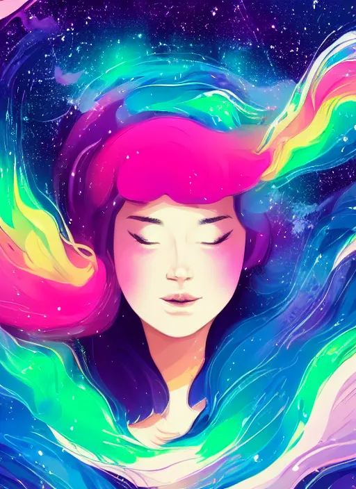 Image similar to a beautiful woman with rainbow hair floating in space. her hair becomes a nebula. clean cel shaded vector art. shutterstock. behance hd by lois van baarle, artgerm, helen huang, by makoto shinkai and ilya kuvshinov, rossdraws, illustration, art by ilya kuvshinov