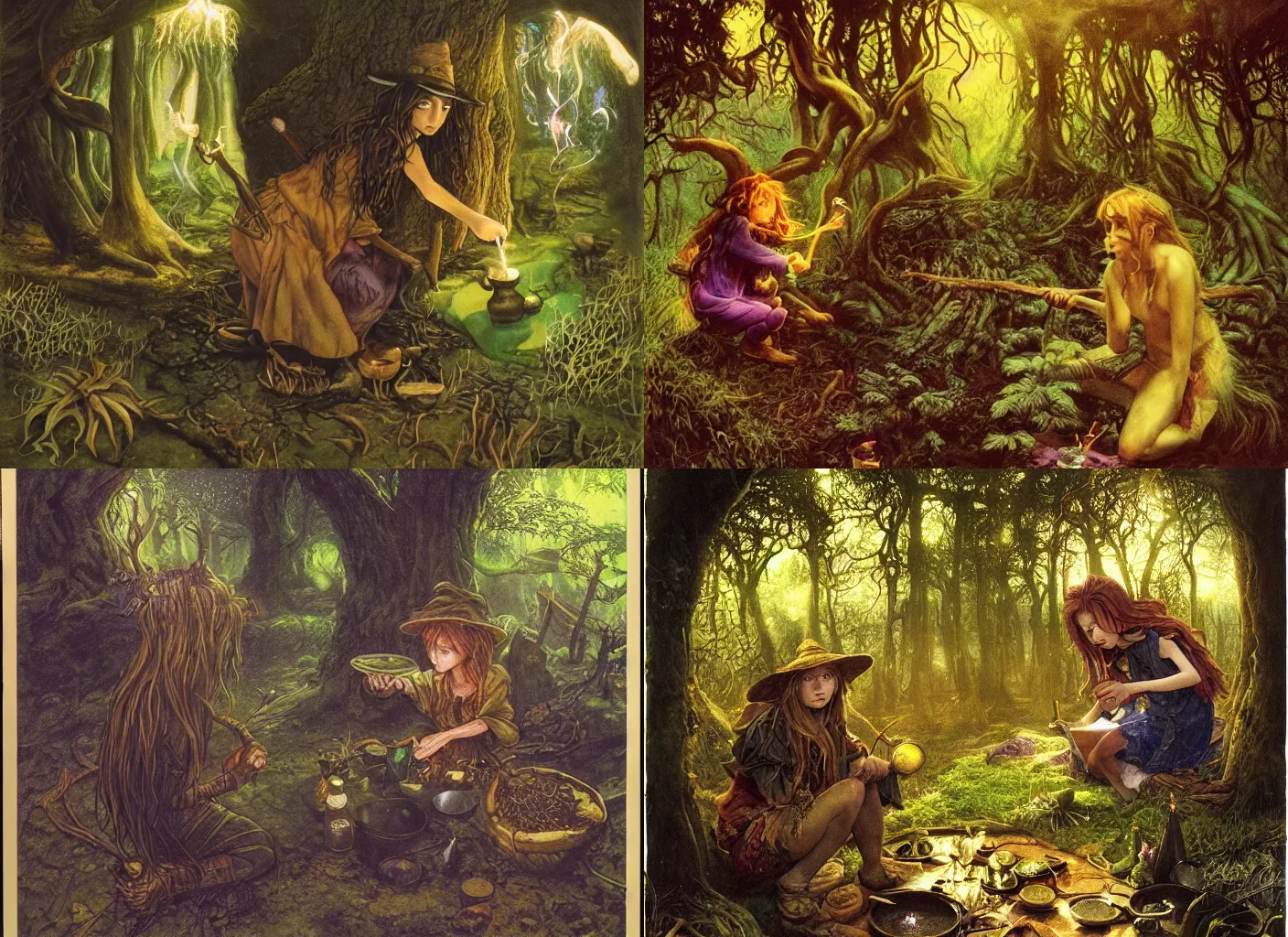 Prompt: a young witch making potions in the middle of the forest surrounded by feys, goblins and trolls, soft lighting, ultradetailed, golden hour, by brian froud, beautiful, exotic