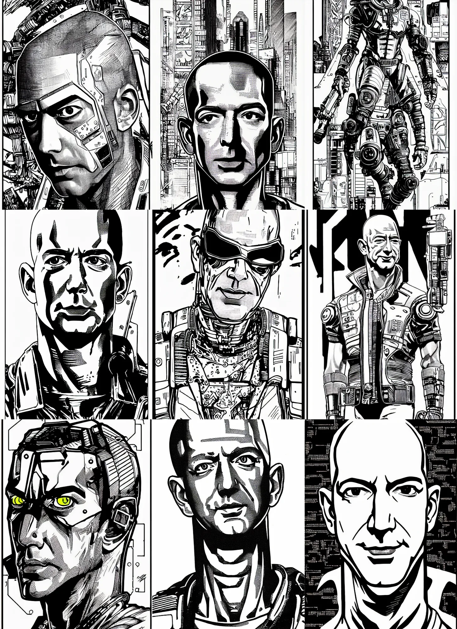 Prompt: jeff bezos, portrait, cyberpunk 2 0 2 0 manual, by steampoweredmikej, inktober, ink drawing, black and white, coloring pages, manga, highly detailed