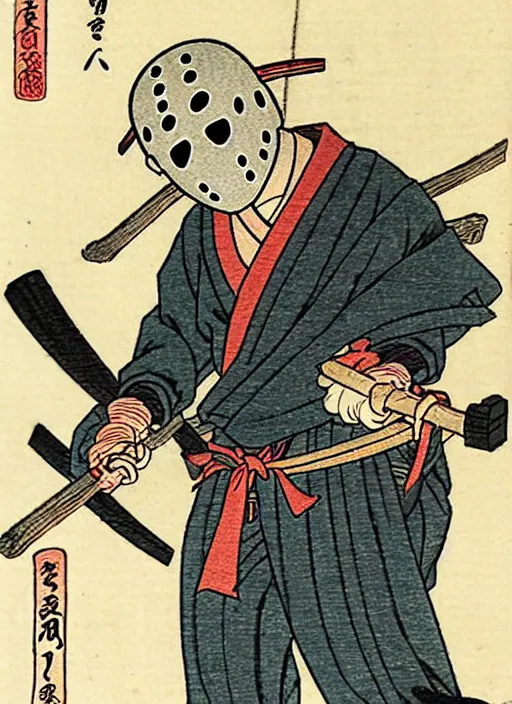 Image similar to jason voorhees as a yokai illustrated by kawanabe kyosai and toriyama sekien