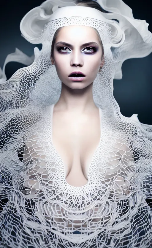 Image similar to portrait of a fierce nubile young woman with reflections in her eyes and white makeup and long dark hair, painted in futuristic white latex, waves of billowing doily dress, clear skin, elegant, graceful, fashionable, cinematic, hyperdetailed illustration by irakli nadar and alexandre ferra, depth of field, global illumination,