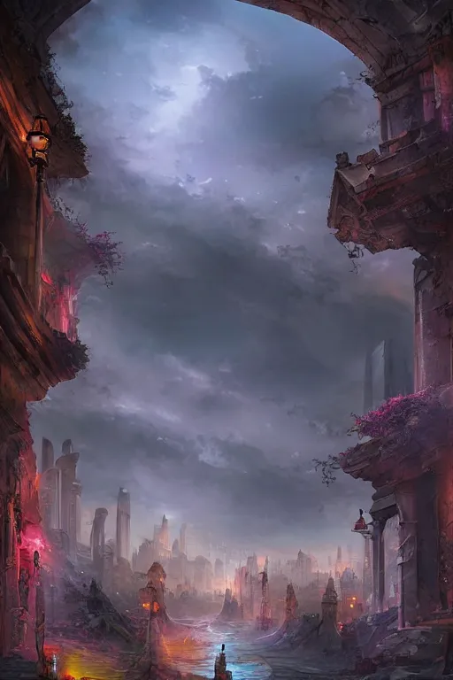 Prompt: beautiful matte painting street art fantasy ruins skyline background painted, intricate, volumetric lighting, beautiful, rich deep colors masterpiece, sharp focus, ultra detailed by