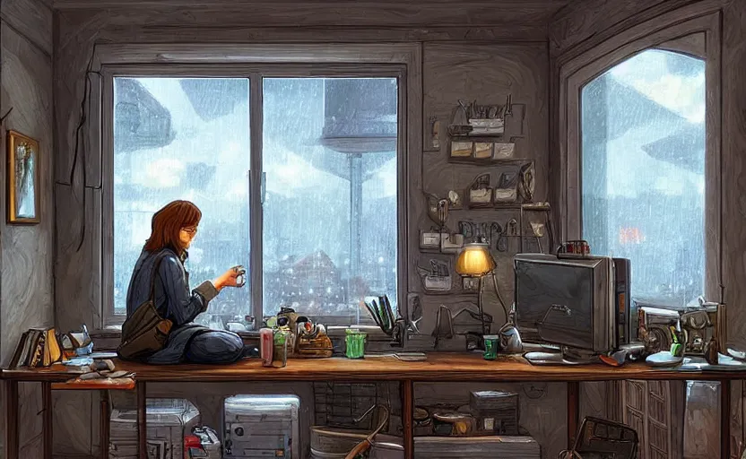 Image similar to Artstation Character sitting and relaxing in front of their work desk in their cozy room as a peaceful rainy city scene is seen through the room's window. Smooth Highly detailed masterpiece pixel-art. in the style of Close Highly detailed masterpiece professional artistry Sega, Namco, Neogeo, Capcom artist's Pixel-art. Trending on artstation. Slice-of-life genre art. Balanced colors and lighting scheme by James Gurney and artgerm. In the style of a 'Music to chill/study' to youtube video.