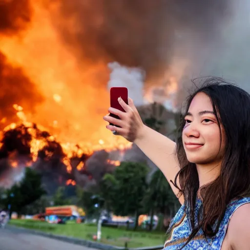 Prompt: girl taking selfie while bombs fall city burns in background