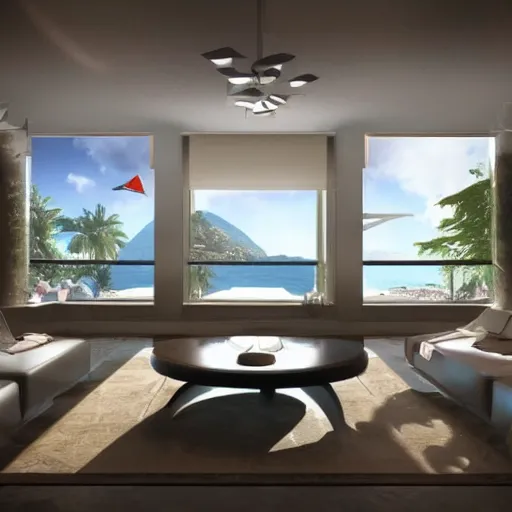 Image similar to video game set inside a beautiful futuristic mansion, mirror's edge, clean, views to the ocean, elegant study
