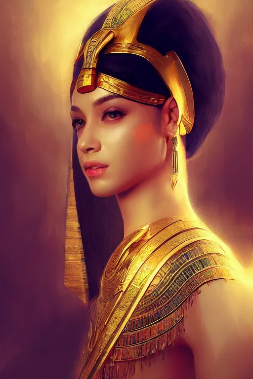 Image similar to egyptian princess, gorgeous, portrait, powerfull, intricate, elegant, volumetric lighting, digital painting, highly detailed, artstation, sharp focus, illustration, ruan jia