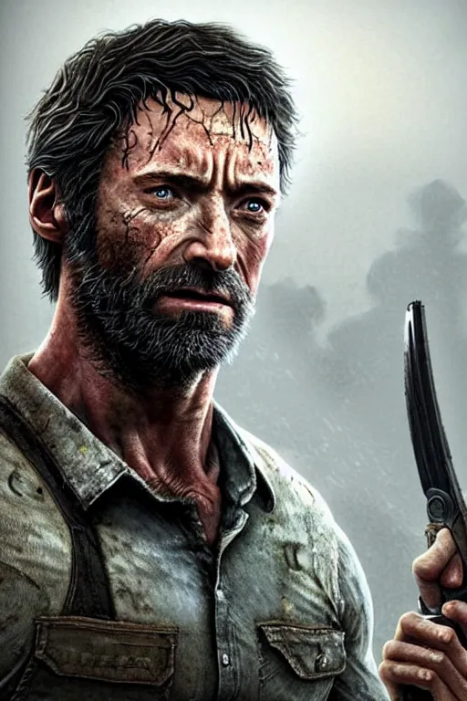 Image similar to realistic photo of Hugh Jackman as Joel in The Last of Us, highly detailed portrait,