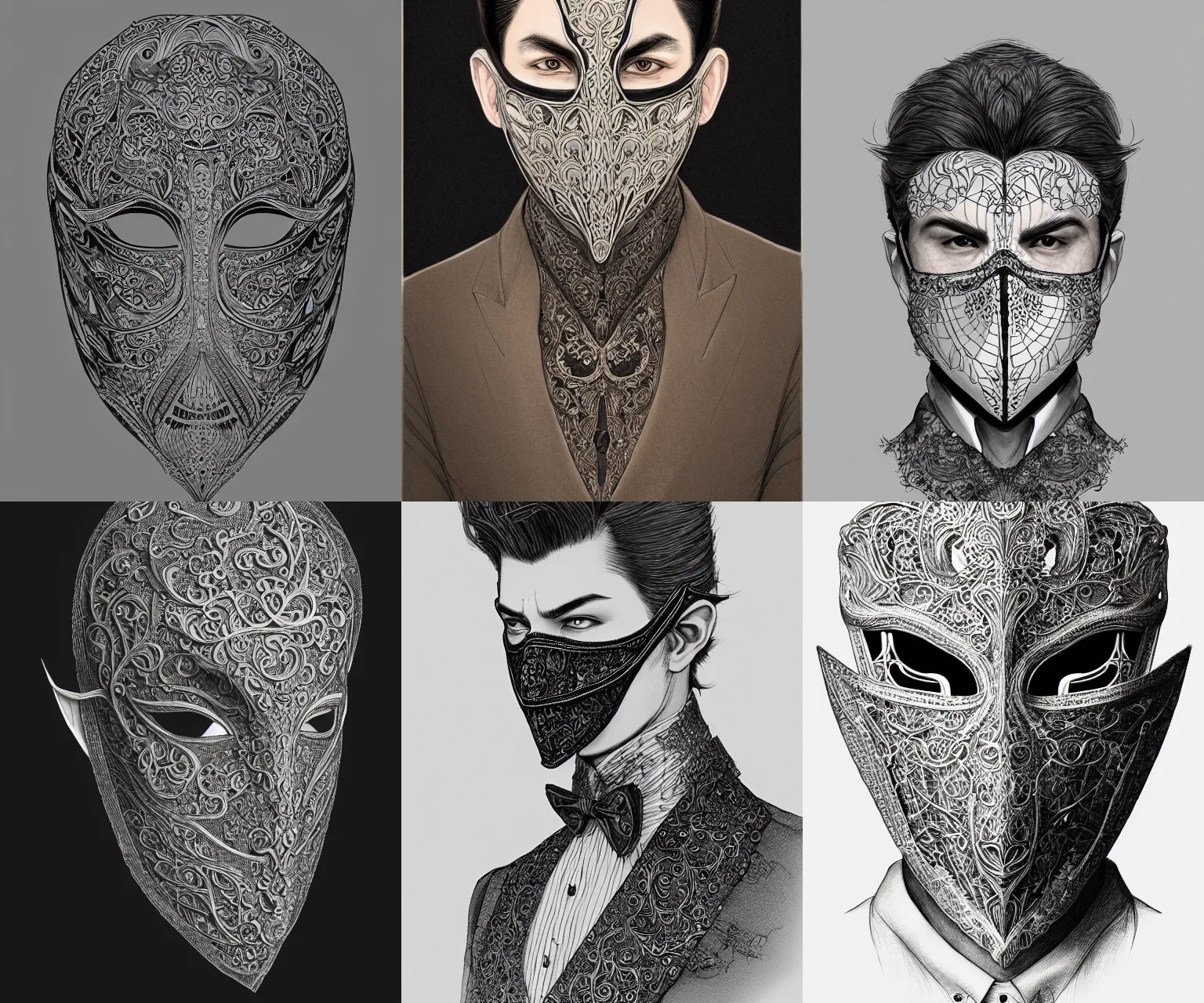 Prompt: portrait of a man wearing a mask, elegant, fancy clothing, intricate linework, full - color, beautiful, mesmerizing, concept art, detailed and intricate environment, artstation, trending, behance, deviantart, by hideyuki morioka, akio watanabe, ito ogure, vofan