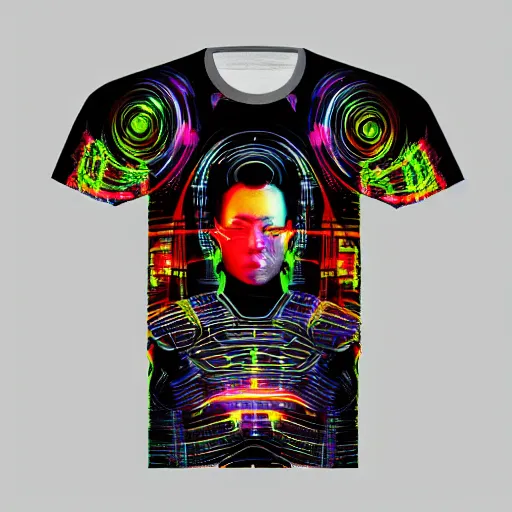 Image similar to photo of a black tshirt with a hyperdetailed portrait of a futuristic trippy cyberpunk meditating robot, 8 k, symetrical, flourescent colors, multicolored tshirt art,