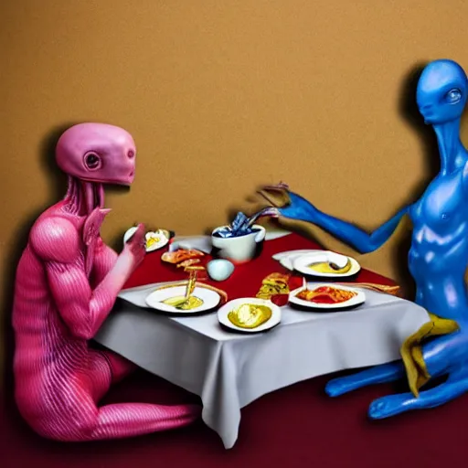 Image similar to photo, an alien and human eating dinner in the room.