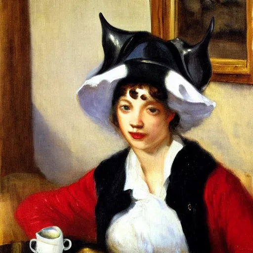 Prompt: fancy cow with a red hat on her head sitting in front of a parisian coffee shop drinking coffee, eugène delacroix painting, 4k, realistic,