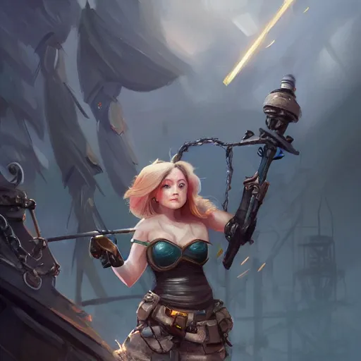 Image similar to beautiful muscular female gnome mechanic, casting lightning magic, short black pixie undercut hair, standing on ship deck, naval background, intricate, D&D, highly detailed, full body portrait, wide angle, digital painting, artstation, smooth, sharp focus, great composition, illustration, art by Greg Rutkowski, trending on artstation