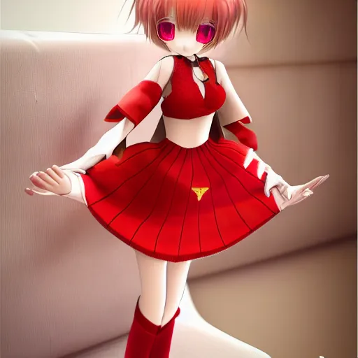 Image similar to cute fumo plush of a girl in a red and gold dress, high quality material bssrdf, vray, anime girl