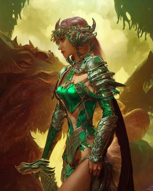 Image similar to Portrait of a Fantasy emerald knight, moonlit, HD, illustration, epic, D&D, fantasy, intricate, elegant, highly detailed, digital painting, artstation, concept art, smooth, sharp focus, illustration, art by artgerm and greg rutkowski and alphonse mucha, monster hunter illustrations art book