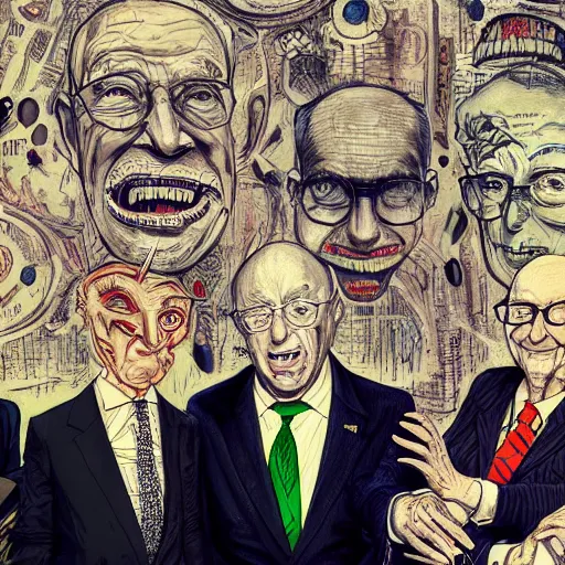 Image similar to Jacob Rothschild and george soros and bill gates and Klaus Schwab by Ralph Steadman illustration dollar bills, body horror, evil, scribbles biopunk, 8k , trending on artstation