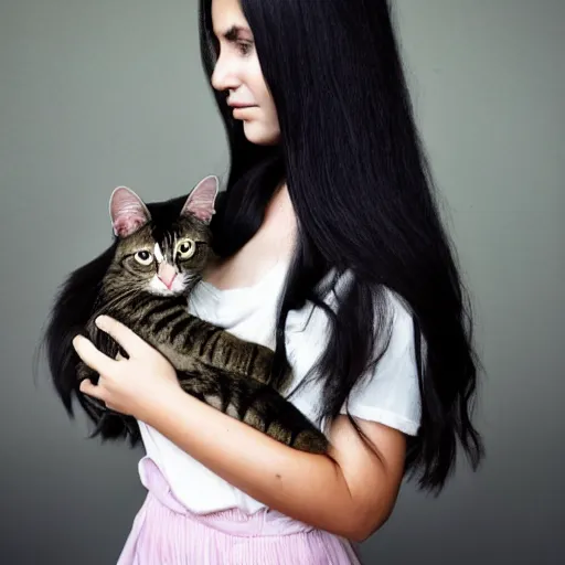 Prompt: a girl with long dark hair and a side part holding a cat in her arms, a stock photo by juan villafuerte, pexels contest winner, high quality photo, rtx, hd, shiny eyes, rasquache, a renaissance painting by sailor moon, anime, anime aesthetic