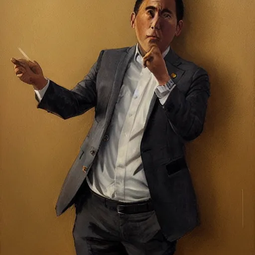 Image similar to hyper realistic, portrait of japanese : : 2 michael scott, epicanthal fold, painted by greg rutkowski