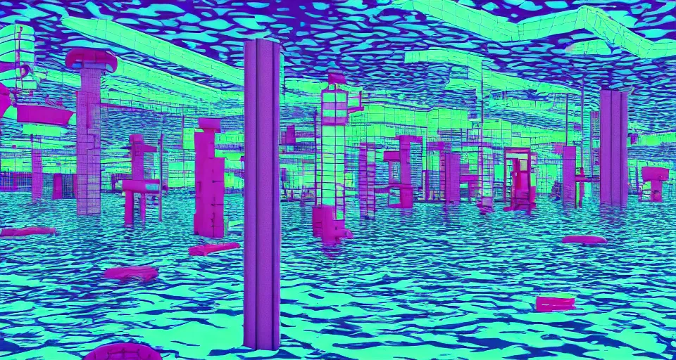 Prompt: 80s VHS vaporwave outrun 3d Render of a flooded playground, liminal space retro, grainy, noisy