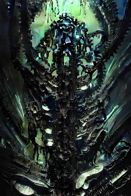 Image similar to dreamland of chinese, ghost, sharp, slender and densely arranged teeth, dystopian, cyberpunk, mould disintegrating into black dripping ink and slime, nanotech demonic monster horror, mecha, ominous, flowing mucus, intricate, studio, art by anthony macbain + greg rutkowski + alphonse mucha, concept art, 4 k, sharp focus