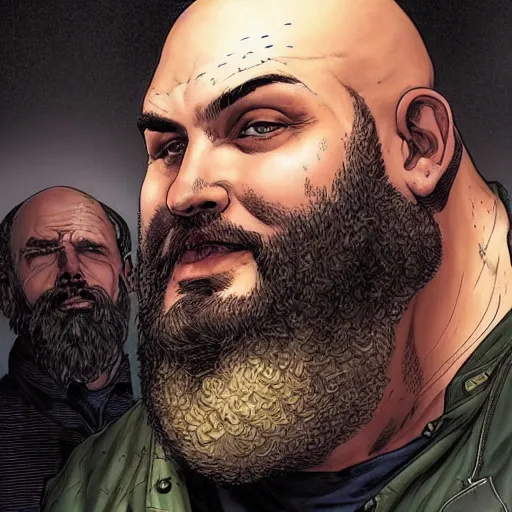 Prompt: chonky ethan van sciver with a bald head and grey trimmed beard with a pointy nose as a sea captain, beautiful artwork by artgerm and rutkowski, breathtaking, beautifully lit, dramatic, full view