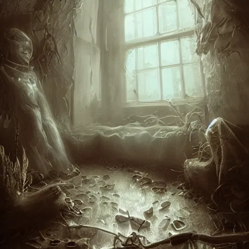 Prompt: this place is stuffy and filled with moths, are you sure this is were we are meant to be? this place is awfully creepy and the windows are fogged up., liminal space, trending on artstation