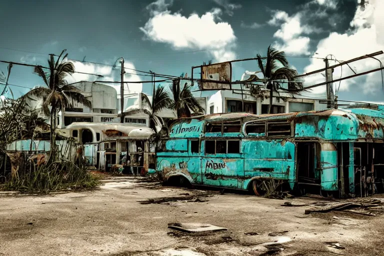 Image similar to low wide angle shot of dilapidated fallout 5 miami, tropical coastal city, desolate, dilapidated neon signs, few rusted retro futuristic vintage parked vehicles like cars, buses, trucks, trams, sunny weather, few clouds, volumetric lighting, photorealistic, daytime, spring, sharp focus, ultra detailed, 4 0 0 0 k