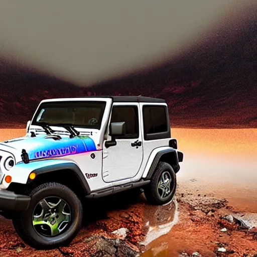 Image similar to digital art of a 1997 hardtop white Jeep Wrangler drowning in quicksand, beautiful iridescent fog swallows the dirty swamp, gritty, Venom liquid grabs at the Jeep, cinematic, extraordinary colorful landscape, photorealistic, soft vintage glow