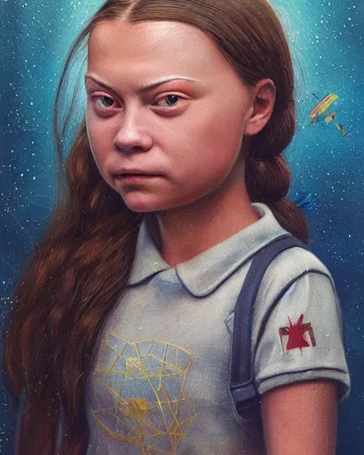 Image similar to closeup face profile portrait of greta thunberg as a soviet chernobyl space toy, bikini, depth of field, zeiss lens, detailed and intricate environment, fashion photoshoot by nicoletta ceccoli, mark ryden, lostfish, breathtaking, 8 k resolution, artistic, hyperrealistic, octane render