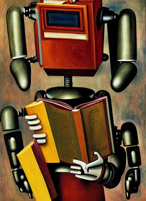 Image similar to portrait of a robot reading a book, highly detailed, painting by otto dix, 8 k