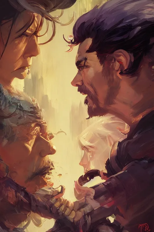 Image similar to portrait showing the contrast between good an evil, tooth wu, dan mumford, beeple, wlop, rossdraws, james jean, marc simonetti, artstation giuseppe dangelico pino and michael garmash and rob rey and greg manchess and huang guangjian and makoto shinkai