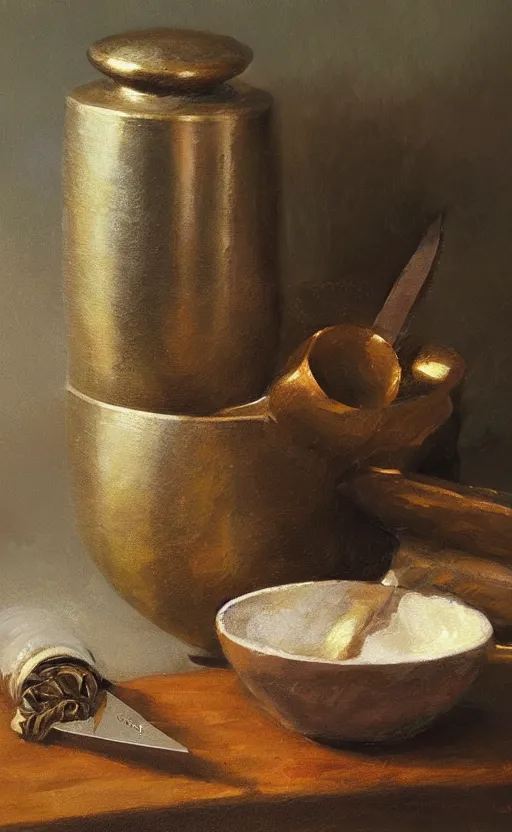 Image similar to bronze mortar and pestle, dried herbs and scissors on wooden table in the ray of sunshine, oil painting, sharp focus, high detailed, calm, warm lighting, sparkles, digital art, concept art, by Rutkowsky, baroque