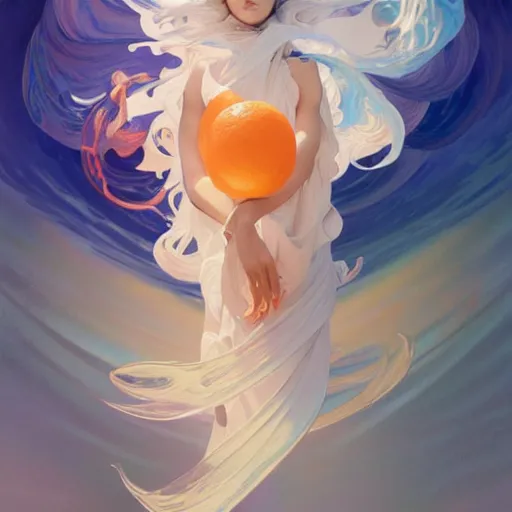 Image similar to Harmony is a hue created with swirls of white gouache, hopeful cerulean, and a daub of joy orange, intricate, highly detailed, digital painting, artstation, concept art, smooth, sharp focus, illustration, Unreal Engine 5, 8K, art by artgerm and greg rutkowski and alphonse mucha