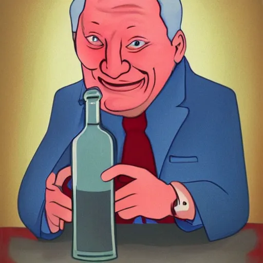 Prompt: yeltsin with red eyes holding a bottle of vodka, creepy realistic art in color