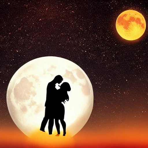 Image similar to the background is a huge moon. in the night environment, a man jumps into the air with a woman in his arms. in the middle of the moon are two figures in black silhouettes.