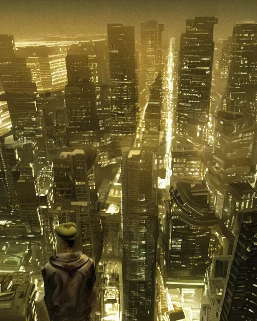 Image similar to a night rooftop scene, light from traffic in the city below, close up shot of a gangster wearing a streetwear trench coat looking at the city below, realistic shading, cinematic composition, realistic render, in the style of Liam Wong and Makoto Shinkai